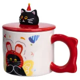 Фарфоровая чашка с крышкой Kitten's Birthday 400 (мл) подарочная кружка Красный FM-24D
