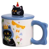 Фарфоровая чашка с крышкой Kitten's Birthday 400 (мл) подарочная кружка Синий FM-24A