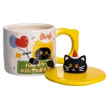 Фарфоровая чашка с крышкой Kitten's Birthday 400 (мл) подарочная кружка Желтый FM-24B